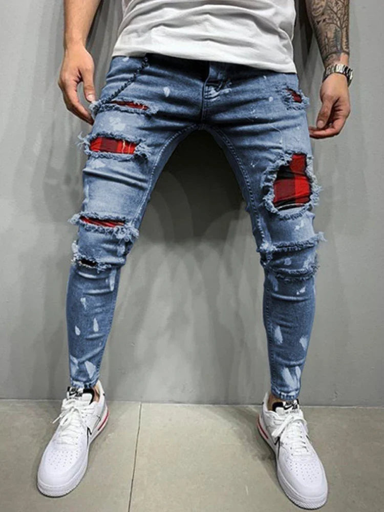 Distress Plaid Patch Holes Streetwear Ripped Skinny Jeans Men Biker Slim Elastic Denim Cargo Pants Y2K Pantalones Hombre Joggers