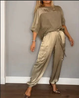 Spring/Summer Women's Set Fashion Satin Round Neck Long Sleeved Top and Pants Set Casual Loose and Elegant Women's Two Piece Set