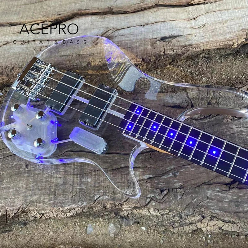 4 String Blue LED Lights Electric Bass Guitar, Clear Acrylic Crystal Body, Maple Neck, Rosewood Fingerboard