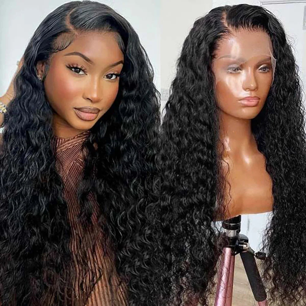 180 Density 13x6 Transparent Lace Front Wig Peruvian Water Wave Remy Human Hair Wig For Women Natural Black Frontal Wig Glueless