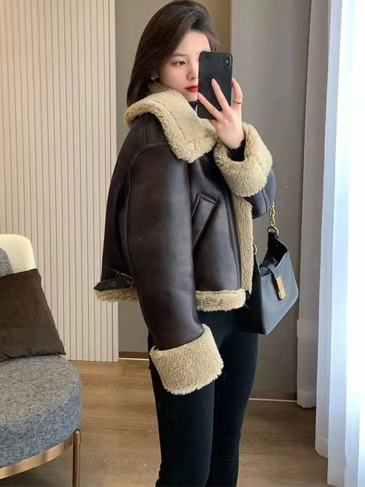 Winter Warm Waterproof Sheepskin Lamb Coat Thick Loose Parka Faux Fur Leather Jacket Female Plus Size Zipper Moto Biker Outwear