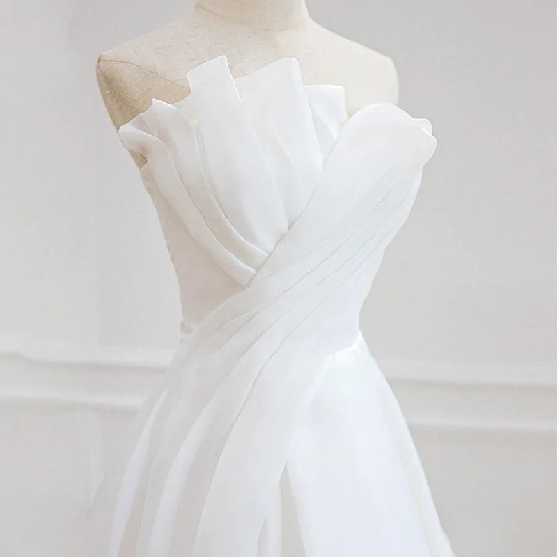 Luxury White Satin Chiffon Strapless Wedding Trailing Dresses for Bride 2024 Elegant Long Prom Evening Guest Party Women Dress