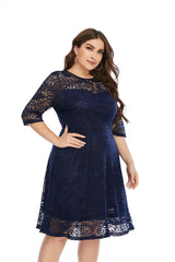 Plus Size Contrast Lace Semi Sheer 3/4 Sleeve Midi Dress, Women's Plus Slight Stretch Elegant Midi Dress