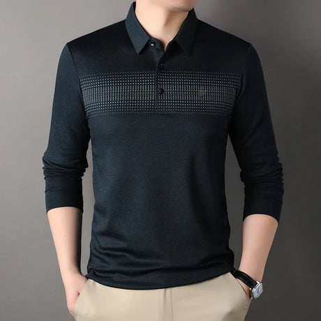 New Fashion Men's Striped Polo Shirts Male Button Collar T Shirt Casual Long Sleeve Tops