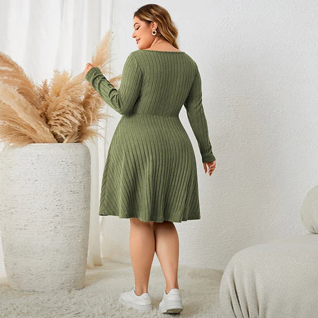 3XL 4XL V-neck Sexy Autumn Plus Size Women Clothing Solid Green Winter Knee-length Dress Square Collar Long Sleeve Sweater Dress