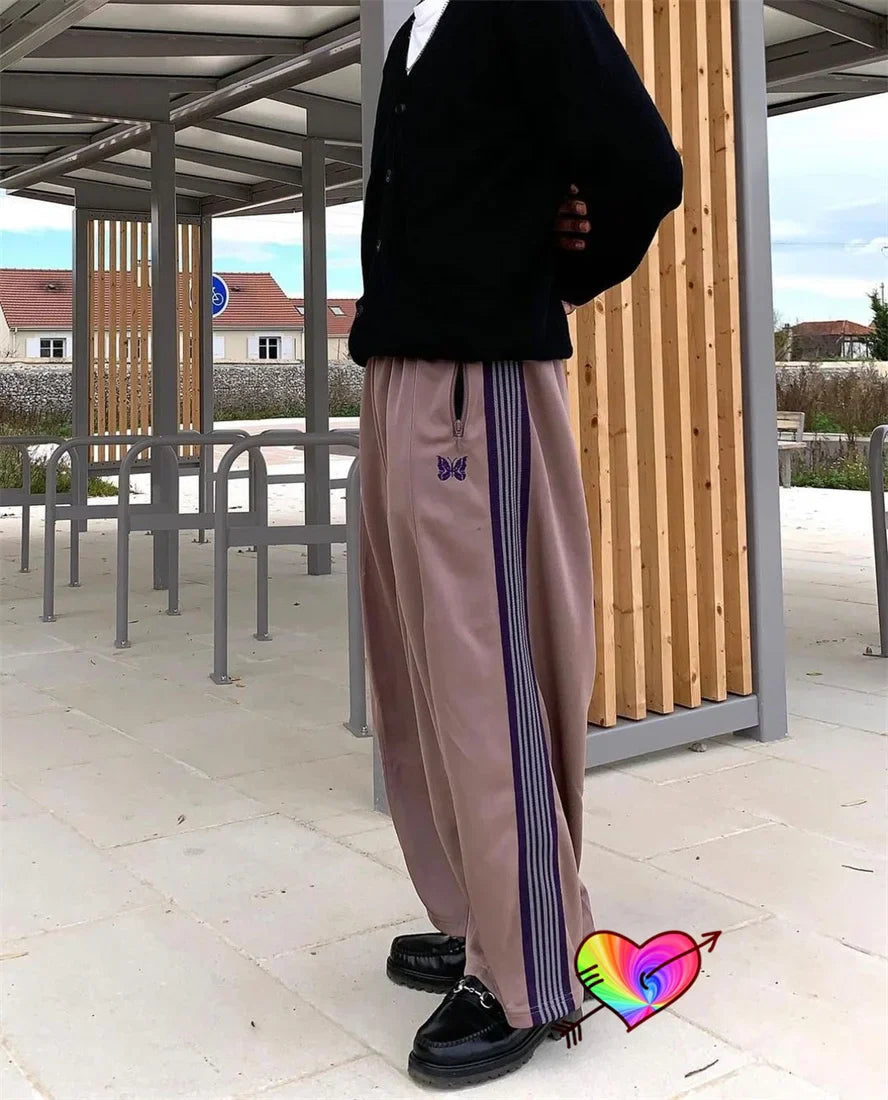 2023 Oversized Taupe Needles Pants Men Women 1:1 Wide Leg Needles Track Pants Butterfly Logo Sweatpants AWGE Sport Trousers