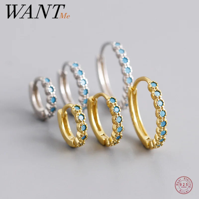 WANTME 925 Sterling Silver Bohemian Pavé Turquoise Piercing Ear Clasp for Women Fashion Statement Huggies Hoop Earrings Jewelry