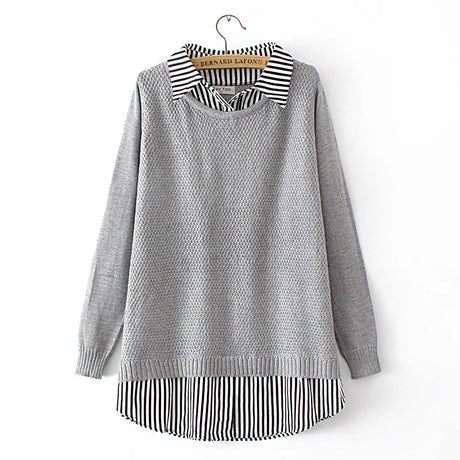 4xl Plus Size Sweater Women Winter Clothing High Strecth Long Pullover Autumn Patchwork Striped False Two Pieces Curve Jumper