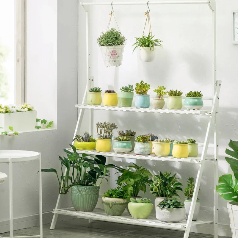 Plant Stand Storage Shelf 3-Tier Hanging Stand for Flowers Folding Organizer Display Storage Rack Adjustable Hanger Rod Bamboo