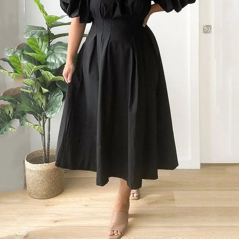 KUCLUT Women Plus Size Dress Simple Solid Puff Short Sleeve Strapless Off Shoulder Nipped Waist Slim Office Oversize Dresses