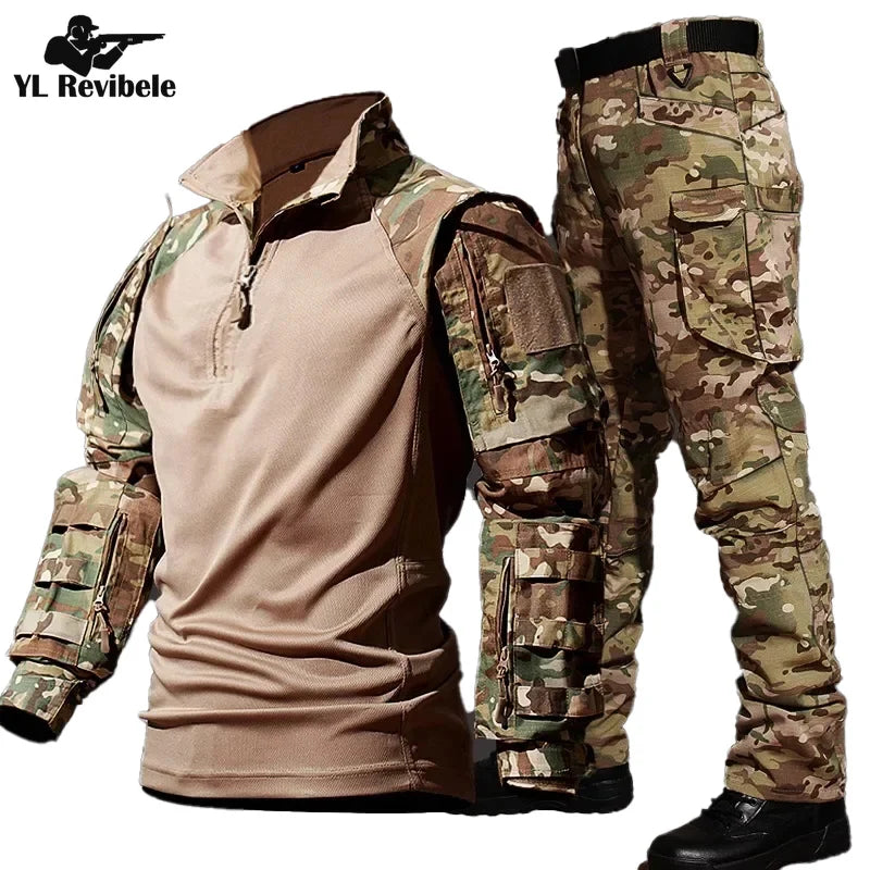 Men's Military Tactical Suit Outdoor Durable Breathable T-shirt Cargo Pants Set Waterproof Suits Multiple Pockets Camo 2 Pcs Set