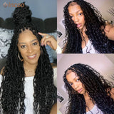 32" Synthetic Full Lace Front Wigs Locs Braided Wig With Curly Hair Pre Pluck Box Twisted Braided Wigs Goddess Boho African Wigs