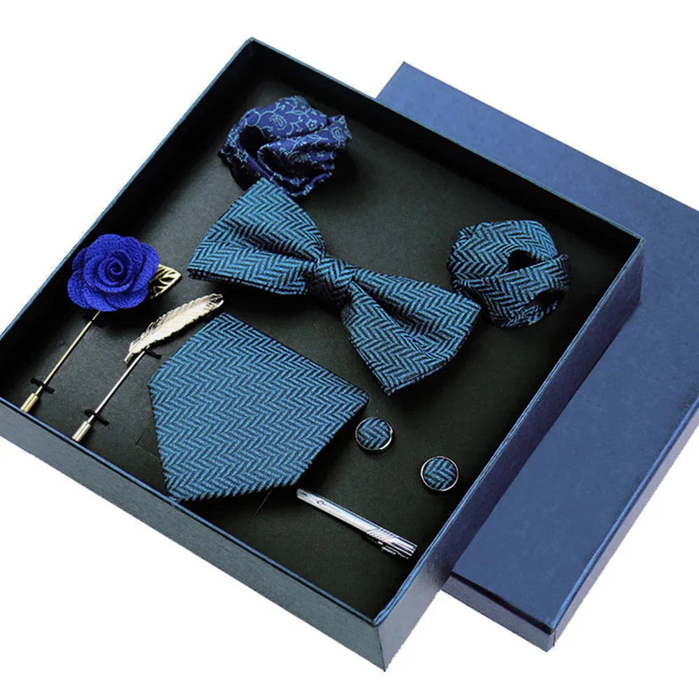 Men's Tie Set Gift Box Fashion Brand Bowtie Pocket Squares Brooch Cufflinks Clip Suit For Men Business Necktie Wedding Party Tie