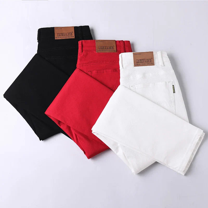 New Men's Pants Trend Temperament Casual Denim Jeans Elastic Straight Slim White Red Black Cool Trousers for Male