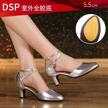 Women Glitter Leather Latin Dance Shoes Closed Toe Soft Sole Salsa Modern Shoe Tango Ballroom Dancing Shoes 3.5cm/5.5cm  Heel