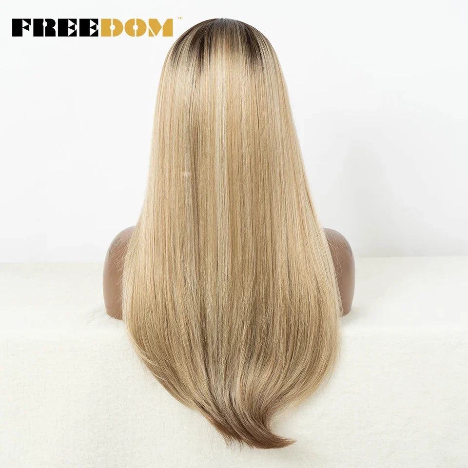 FREEDOM Synthetic Lace Front Wigs For Black Women Straight Bob Wigs 22 inch Ombre Brown Blonde Lace Wigs Cosplay Wig