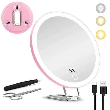 6 Inch Magnifying Mirror with Light, 5-30X Portable Travel Magnified Mirror with 360° Adjustable Stand and Suction Cup