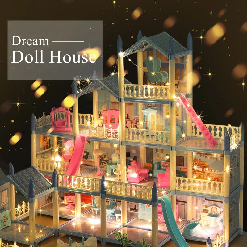 3d Assembly Diy Doll House Miniature Model Doll House Accessories Villa Princess Castle Led Lights Girl Birthday Gift Toy House