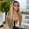 YYsoo Long Silky Straight Ombre Highlights Synthetic Wig 13x4 Futura Lace Front Wigs For Women Pre Plucked Hairline Dark Roots