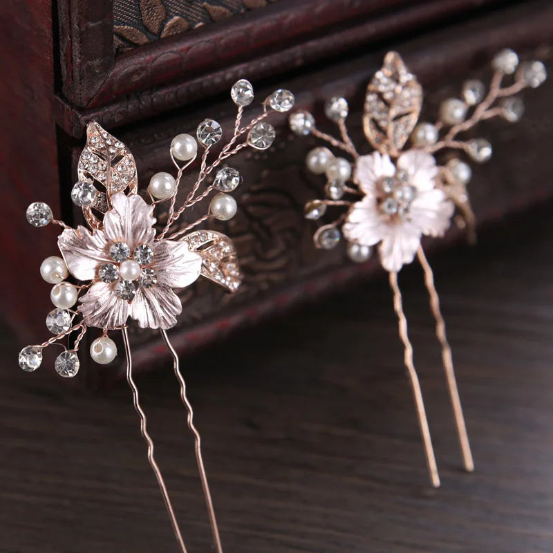 U-shaped Pearl Hairpin Hair Clips Golden Leaf Side Pin Fashion Party Girls Crystal Tiaras Wedding Hair Jewelry Marrige Headdress