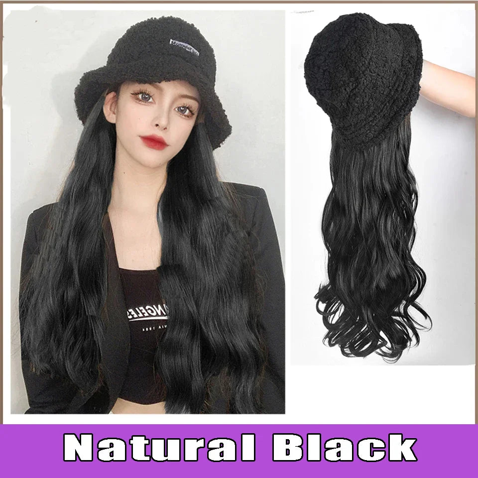 AS  Syntheti Curly hair Lamb wool fisherman hat Berets  Wig Natural Black Straight Wigs Naturally Connect Synthetic Hat Wig Adju