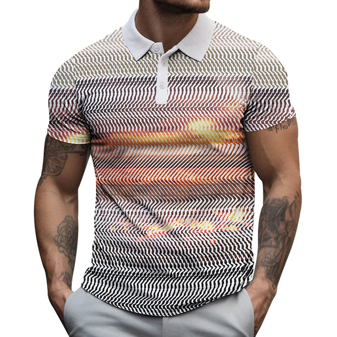 2023 New Men's Button Polo Shirt Fashion Line Checker 3D Print High Quality Summer Casual Short Sleeve Street Breathable T-shirt