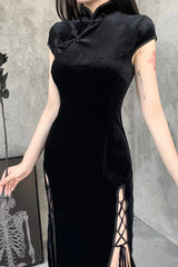 Goth Dark Romantic Gothic Velvet Aesthetic Dresses Vintage Women Black Bandage SlitHem Bodycon Dress Sexy Evening Wear Cheongsam