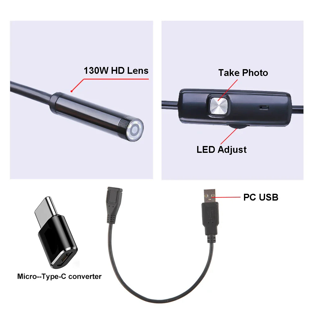 5.5 mm IP67 Waterproof Endoscope Camera 6 LEDs Adjustable USB Android Flexible Inspection Borescope Cameras for Phone Laptops PC