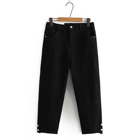 Plus Size Boyfriend Black Drainpipe Jeans For Women HIGH Waist Button Leg Opening Slim Denim Cotton Ankle-Length Straight Pants