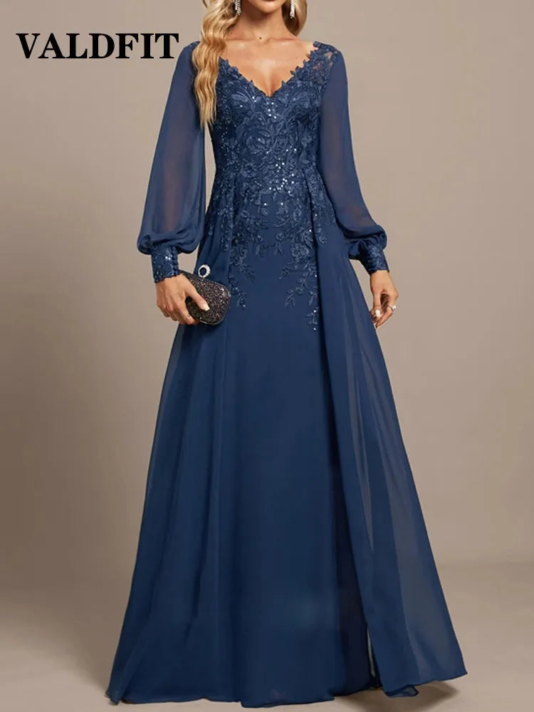 Long Sleeves Blue Mother of the Bride Dresses Wedding Guest Dresses Formal Occasion Dress Vestido Para Boda Madre De La Novia