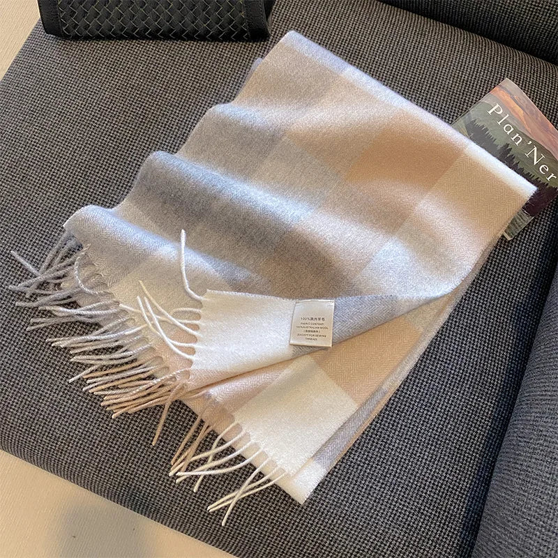 High Quality 100% Wool Scarf Female Fashion Classic Soft Cashmere Muffler Women Warm Thermal Shawl Outside Autumn Winter