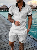 New 2024 Men's Polo Suit Fashion Men Sets Solid Summer V-neck Zipper Short Sleeve POLO Shirt+Shorts Two Pieces Men Casual Suit