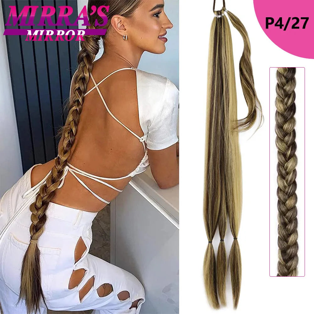 28 Inch Long DIY Braided Ponytail Extension with Hair Tie Straight Wrap Around Hair Extensions Ponytail Synthetic Hairpiece 100G