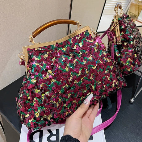 2023 Elegant Women Glitter Sequin Shell Clip Evening Clutch Purple Gold Bling Messenger Bags Luxury Designer Wedding Handbags