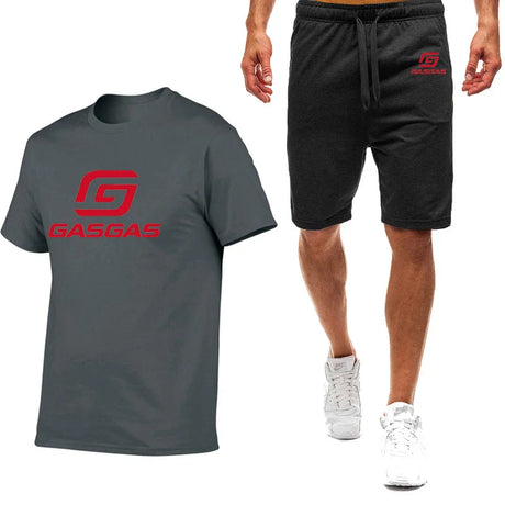 Motorcycles GasGas Summer Men's Sportswear Shorts Set Short Sleeve Breathable Grid T-Shirt Shorts Casualwear Basketball Training