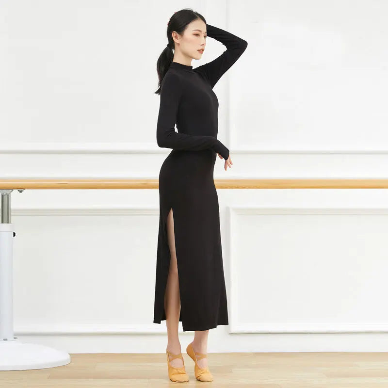 Sexy Side Slit Slim Dance Dress Slim Knitted Long Dress Ballroom Waltz Practice Latin Dance Wear for Women Modern Costume