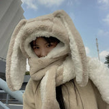 Fashion Scarf Hat Glove 3 Piece Women Plush Cute Big Ear Thicken Bunny Winter Warm Soft Thickening Pocket Hats Hooded Rabbit