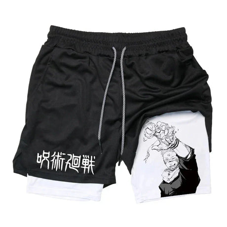 Itadori Yuji 2 in 1 Compression Shorts for Men Anime Jujutsu Kaisen Performance Shorts Basketball Sports Gym Shorts with Pockets