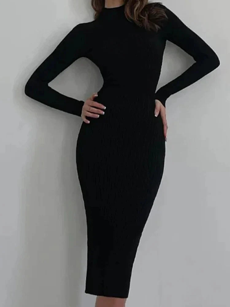 Knitted Turtleneck Dress Women Autumn Winter Long Sleeve Bodycon Midi Dresses Female Elegant Fashion Solid Color Skinny Dress