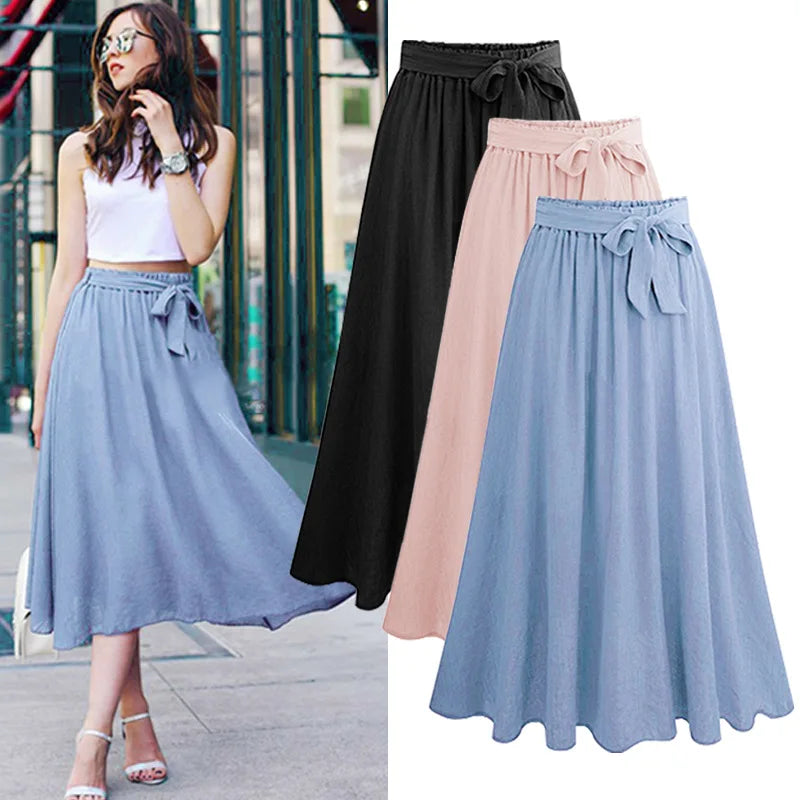 Casual Streetwear Plus Size Long Skirts Women Summer Chiffon Lace Up Bow Maxi Skirt Elegant Stretch High Waist Big Swing Faldas