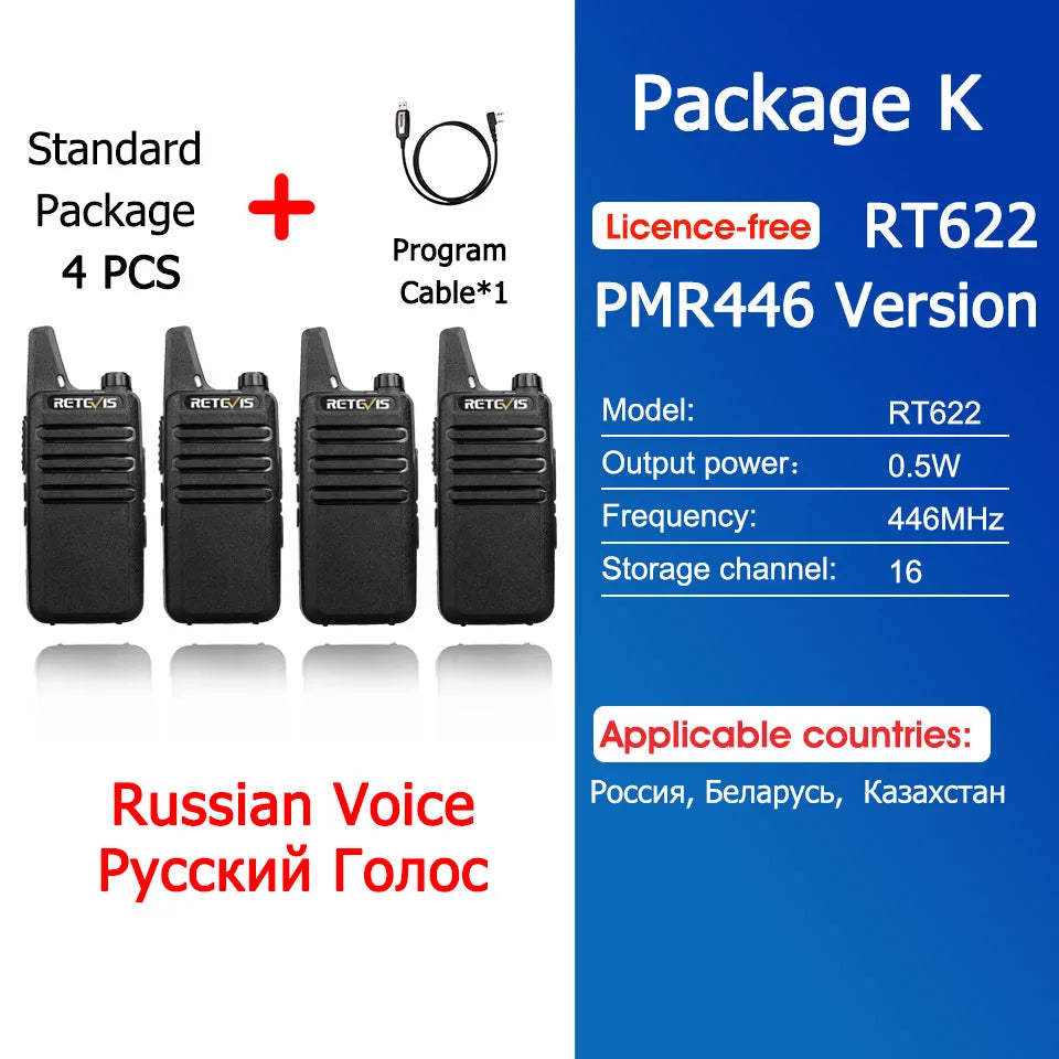 Retevis RT622 Mini Walkie Talkie 4 Pcs Walkie-talkies PMR446 FRS VOX Portable Two Way Radio Station for Restaurant Hotel