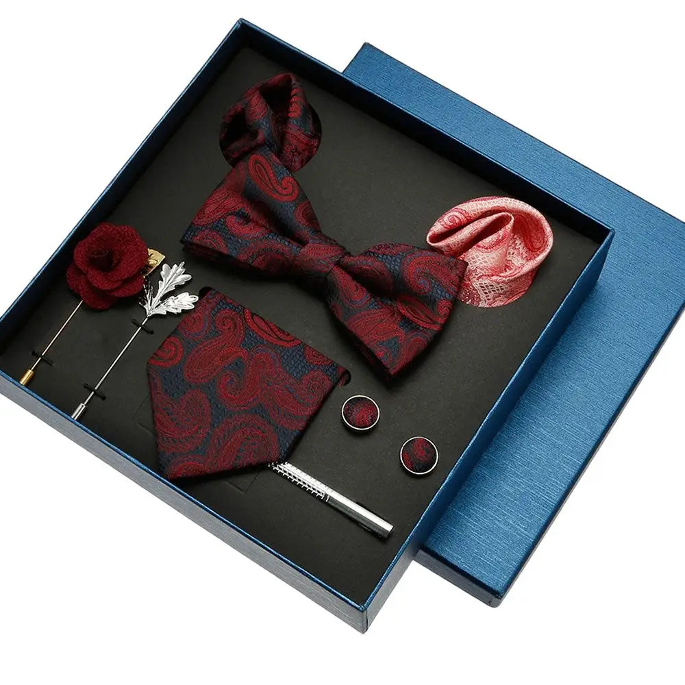 Black Mens Neck Tie Gift Set Bowtie Pocket Square With Brooches Cufflinks Tie Clip 8-pieces Suits Silk Tie Accessories For Men