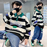 Spring Autumn Boys Cotton Contrast Striped Alphabet Turtleneck Sweatshirt School Kids Track Pullover Tops Child Jumper 7-16 Yrs