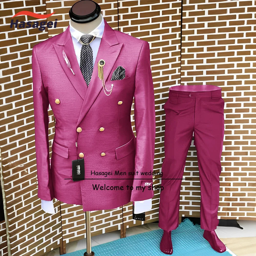 Formal Suit for Men Wedding Tuxedo Double-breasted Jacket and Pants 2-piece Set Business Blazer Gold Buttons Suit Groom