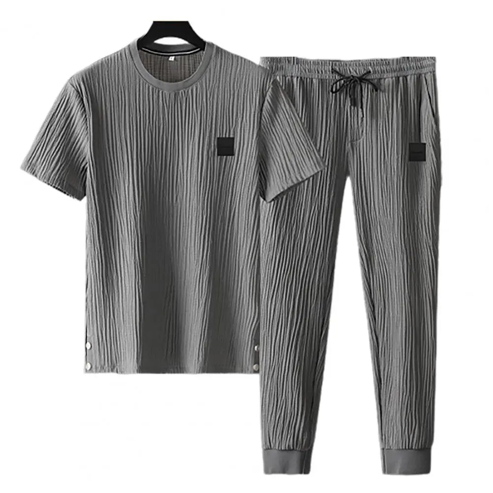 Summer Men Pleated Shirt Pants Two-pieces Set Thin Soft Breathable Tracksuit Casual Sports Suit For Daily Wear