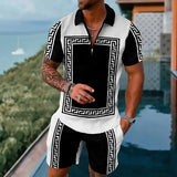 Men Tracksuit 3D Print Polo shirts 2pcs Set Zipper Lapel Polo Sets Zipper Collar+Shorts Hawaii Holiday Style Casual Man Clothing