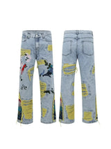 Chinese Painting Embroidered Patch Denim Ripped Jeans for Men Streetwear Washed Destroyed Pleated Tassels Straight Jean Male