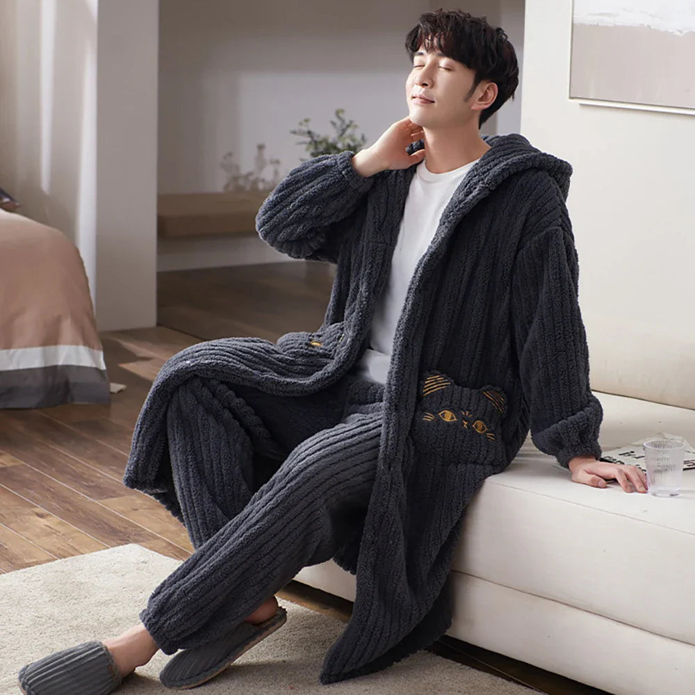 2PCS Hooded Sleepwear Thicken Warm Plush Flannel Robe Set Winter Pajamas for Couples Soft Pajama Man Cartoon Sleeping Bathrobe