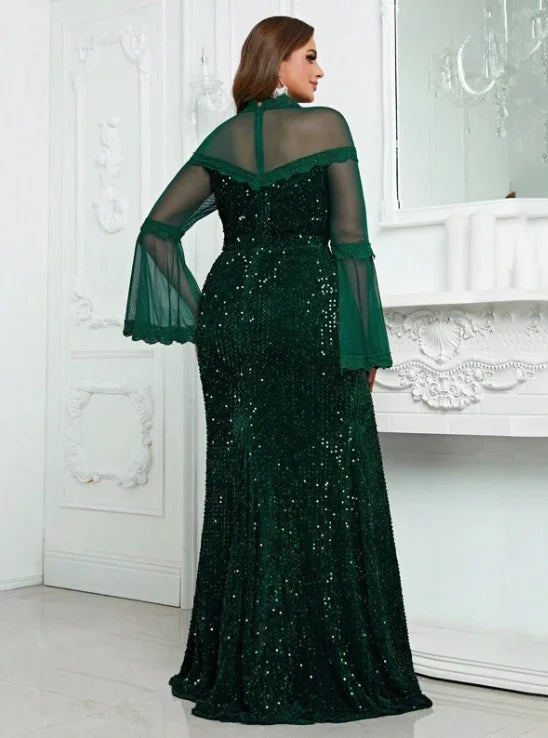 Plus Size Evening Dresses Fashion Women Sequins Mesh Patchwork Long Sleeve Party Dresses Large Size Elegant Ladies Dresses 2023