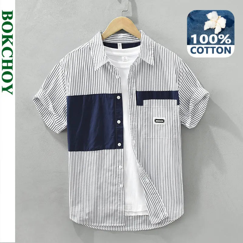 Summer New Striped Patchwork Shirt for Men Clothing 100% Cotton Cargo Casual Short Sleeve Streetwear C2777